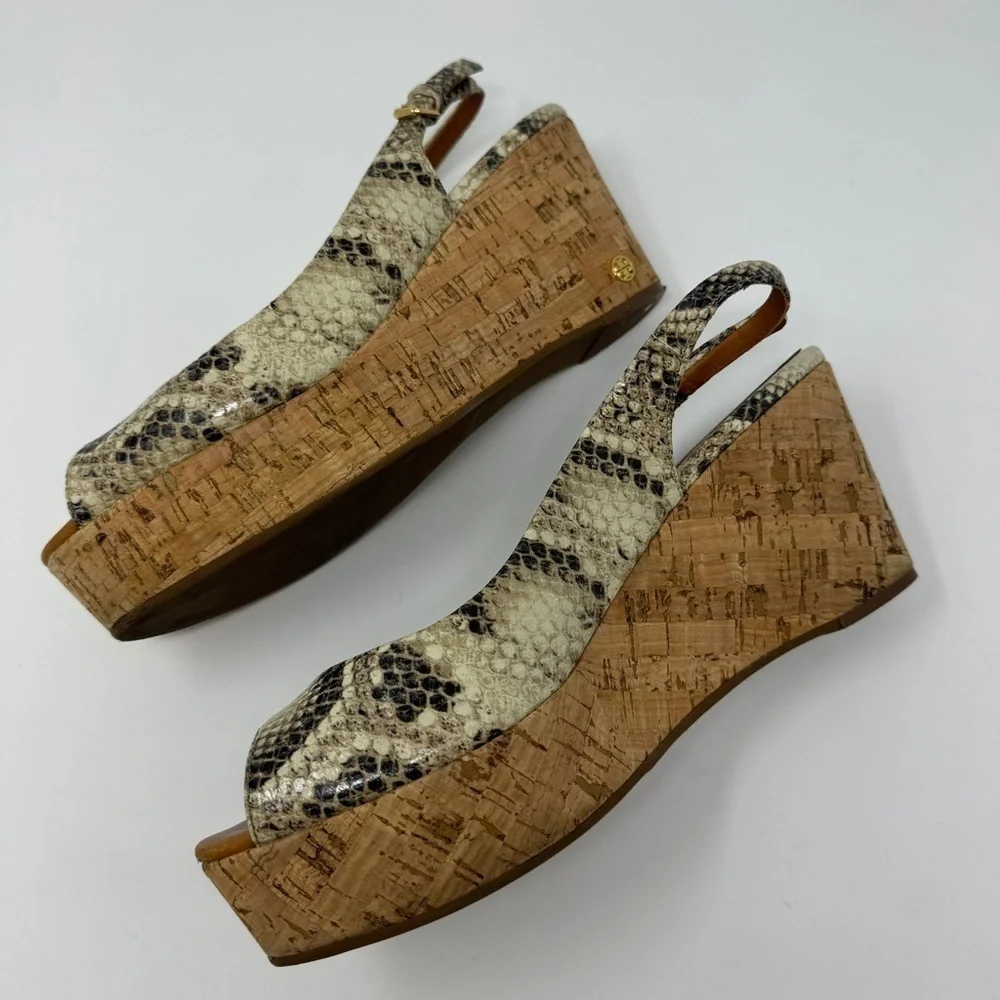 Tory Burch Rosalind Snakeskin Embossed Leather Cork Platform Wedge Sandals
